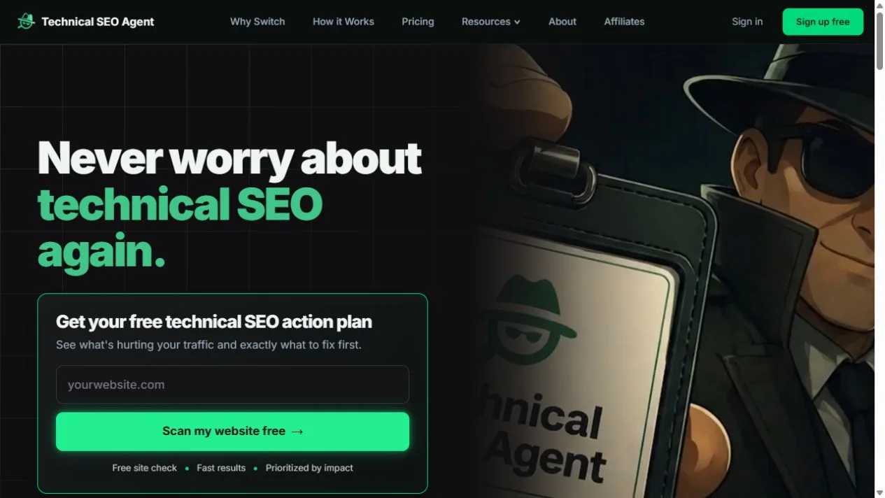 The Technical SEO Agent homepage and its free website audit introduction